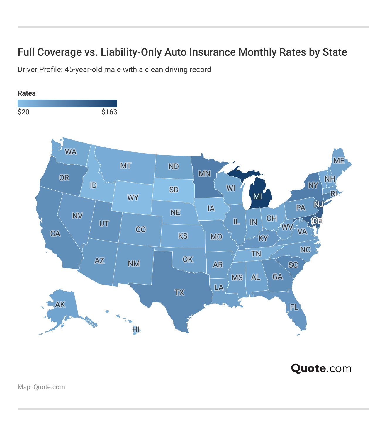 <h3>Full Coverage vs. Liability-Only Auto Insurance Monthly Rates by State</h3>
